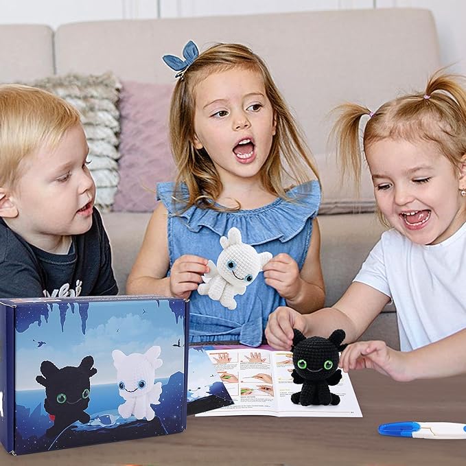 Dragon Crochet Kit for Beginners, 2PCS Black and White Dragon Crochet Animal Kit with Step-by-Step Video Tutorials, Crocheting Kits, Crochet Starter Kit for Kid and Adult, Stuffed Animal Knitting Kits