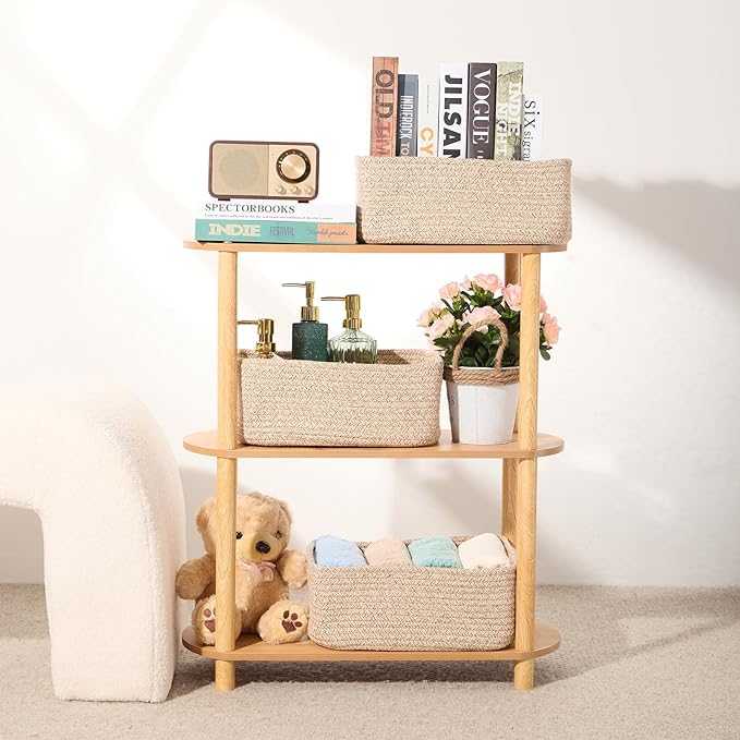 Small Storage Baskets for Organizing | Closet Organizer Bins | Shelf Toy Basket | Woven Rope Baskets | Cube Decorative Box | Shallow Basket | 13x8.5x5.1” | 4 Packs Mixed Brown