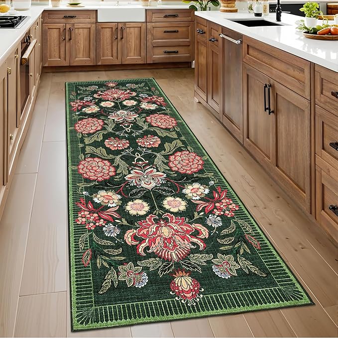 GarveeHome Forest Green Floral Botanical 2x6 Washable Kitchen Runner Rugs Non Slip Vintage Boho Cottage Long Rug for Hallways Bedroom Entryway Bathroom Mat with Rubber Back