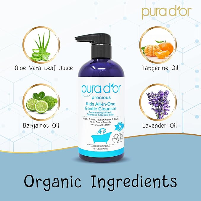 PURA D'OR Kids Wash (16oz x 3 = 48oz) All-in-One Gentle Cleanser - USDA Biobased, Sulfate-Free, Tear-Less, Hypoallergenic, Premium, Shampoo & Bubble Bath