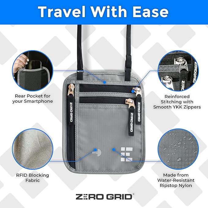 Neck Wallet for Travel & Passport Holder with RFID Blocking - Slim & Easy to Conceal Nylon Travel Pouch for men & women - Holds Phone, Cash, Cards, Keys - Sweat & Water Resistant - Large - Light Grey