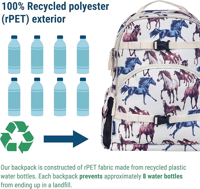 Wildkin ECO rPET 17-inch Large Backpack – Sustainable, Padded, Adjustable – Horse Dreams