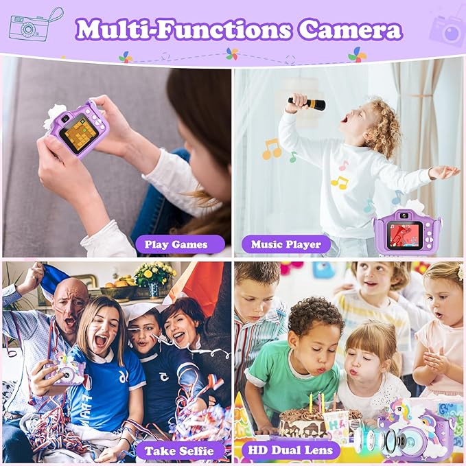 Kids Camera,HD Digital Video Camera with Protective Cover,Childrens Toys for 3 4 5 6 7 8 9 Year Old Boys/Girls,Selfie Camera for Kids,Christmas Birthday Gifts with 32GB SD Card (Unicorn Purple)
