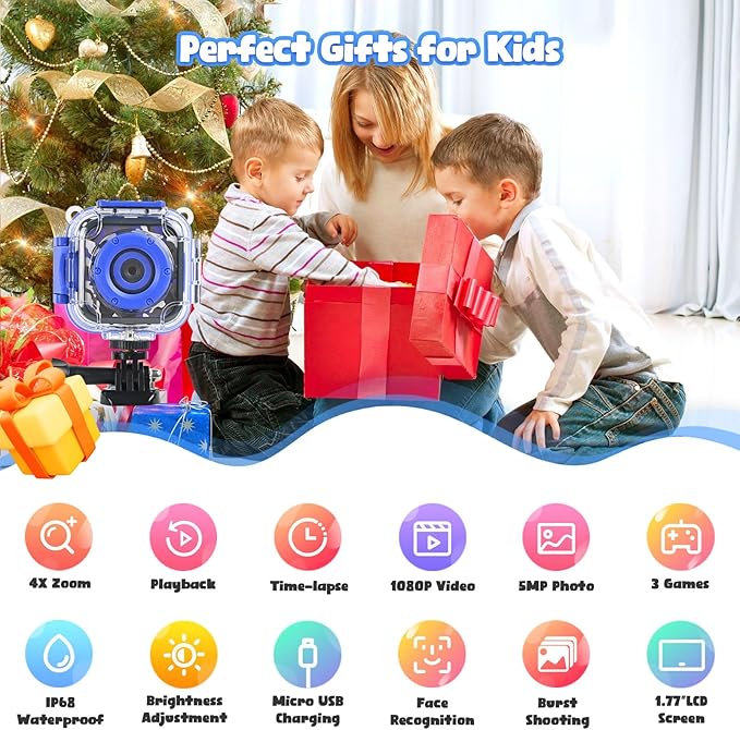 PROGRACE Kids Waterproof Camera for Boy Toys -Waterproof Digital Camera Underwater Video Cameras for Boys Kids Age 3-14 Year Old Birthday Presents with 32GB Card