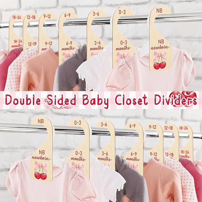 R HORSE Wooden Baby Closet Dividers - 8Pcs Double-Sided Cherry Pink Bow Baby Closet Organizer Newborn Clothes Size Hanger Dividers Nursery Decor Baby Shower Birthday Gift for Boy Girl (0-24 Months)