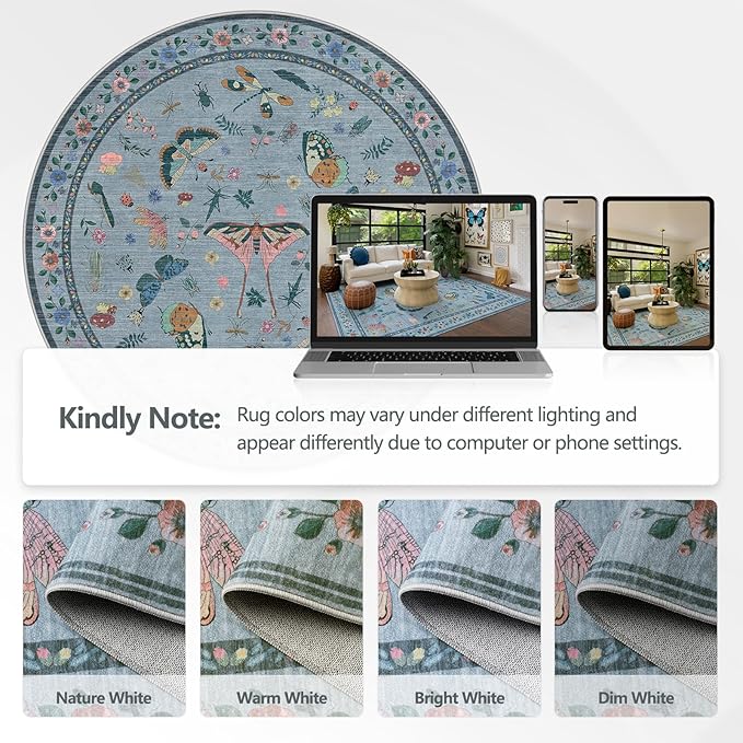 4ft Washable Round Rug - Bug Rugs for Living Room Non-Slip Low Pile Soft Ultra-Thin Machine Washable Circle Carpet for Bedroom, Entryway, Nursery, Kitchen, Home Office (4' Round Blue)