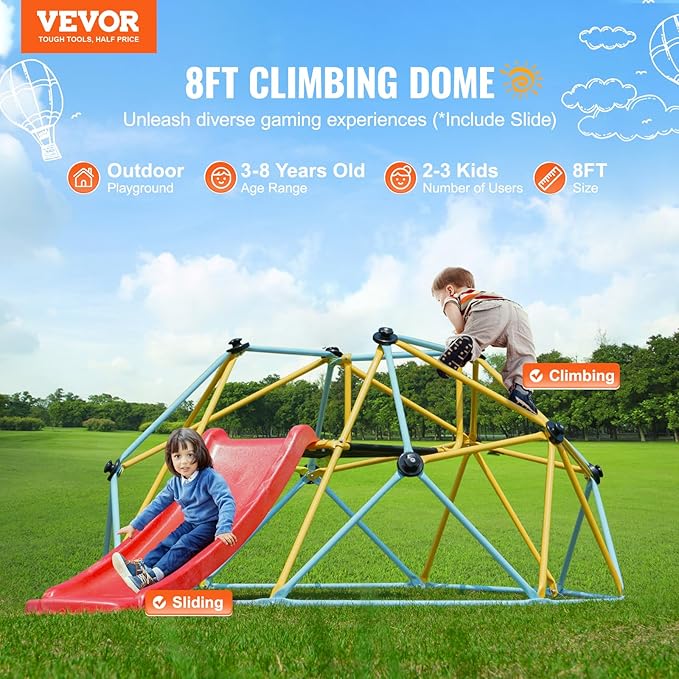 VEVOR Climbing Dome, 8FT Geometric Dome Climber with Slide, Jungle Gym Supports 600LBS and Easy Assembly for Kids 3 to 9 Years Old, with Climbing Grip, Outdoor and Indoor Play Equipment for Kids