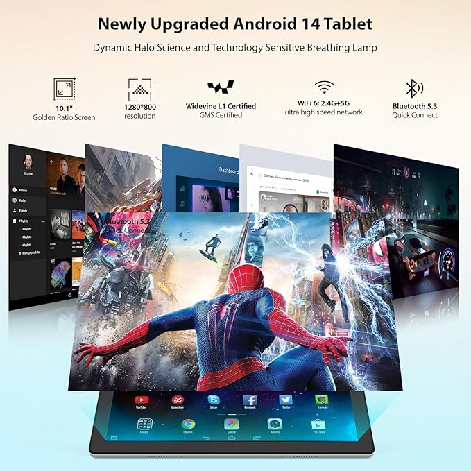 Tablet 10 inch Android 14, Octa-Core, 10GB RAM 64GB ROM 1TB Expandable, Widevine L1, 1280x800 IPS Touchscreen, BT 5.4, Dual Camera with Flash (White)