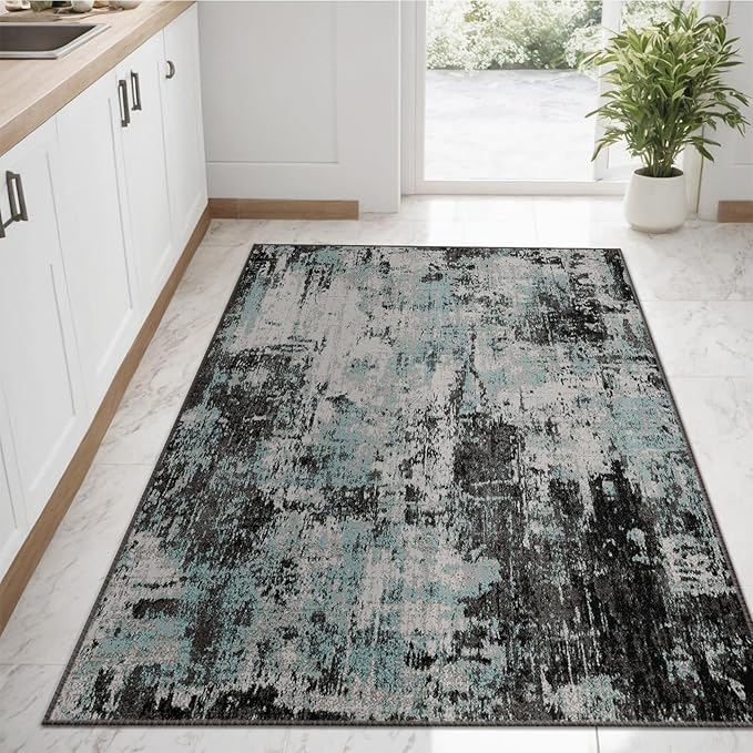 Washable Area Rugs 2'x3' Non-Slip Modern Abstract Soft for Living Room Entryway Bedroom Nursery, Print Pattern, Blue Black Teal