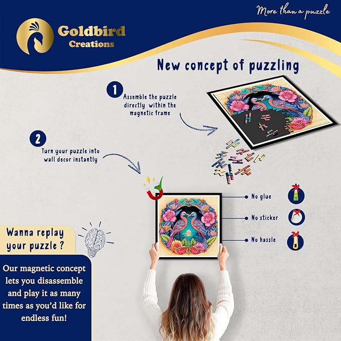 Magnetic Wooden Jigsaw Puzzles with Frame - Wooden Animal Puzzle for Adults 200 Piece - Rompecabezas para Adultos - Living Room Wall Decoration - Original Christmas Birthday Gift (Romantic Birds)