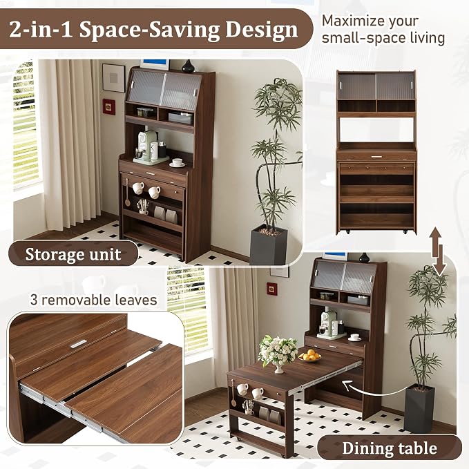 Spaco 2-in-1 Folding Dining Table and Buffet Cabinet Set, Compact Pull-Out - Image 5