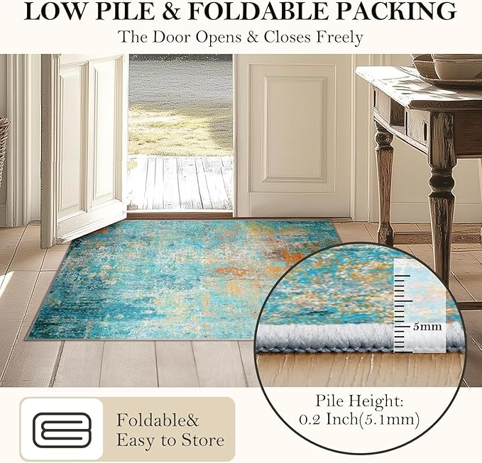 Washable Area Rugs 4'x6' Non-Slip Modern Abstract Soft for Living Room Entryway Bedroom Nursery, Print Pattern, Teal Blue Green Orange Rust Red Colorful