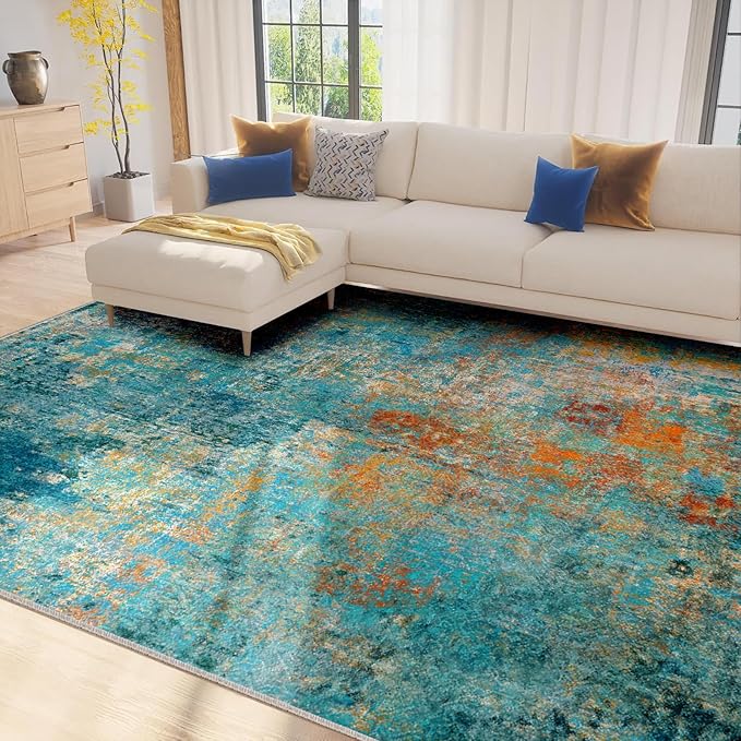 Washable Area Rugs 7'x9' Non-Slip Modern Abstract Soft for Living Room Entryway Bedroom Nursery, Print Pattern, Teal Blue Green Orange Rust Red Colorful