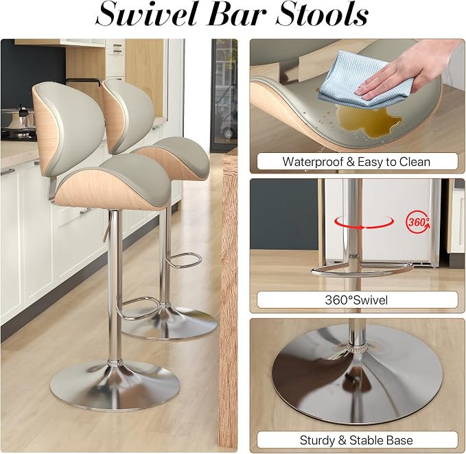 KCC Bar Stools, Swivel Adjustable Height Barstools, PU Leather Upholstered Bar - Image 4