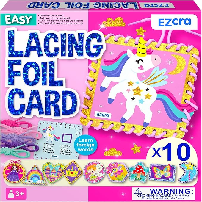 Premium Foil Edge Lacing Cards for Kids Ages 3-6 | 10 Double-Sided Unicorn and Fairy Sewing Cards with Multilingual Learning | Durable Cardboard Fine Motor Skills Activity Kit