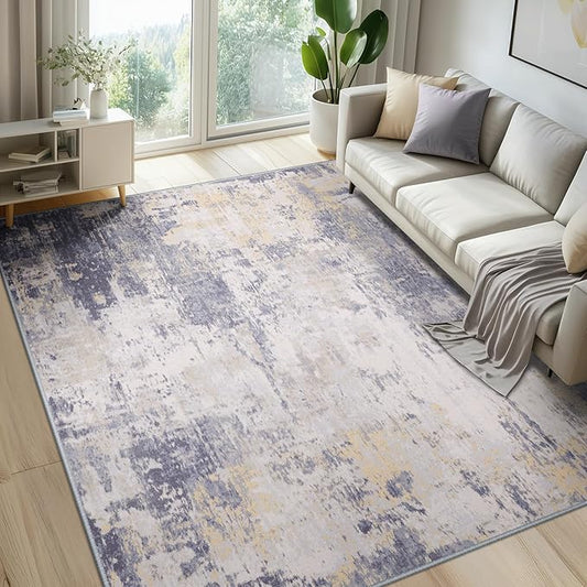 Washable Area Rugs 5'x7' Non-Slip Modern Abstract Soft for Living Room Entryway Bedroom Nursery, Print Pattern, Purple Grey Cream Yellow