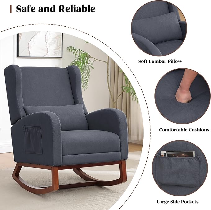 Nursery Rocking Chair, Rocking Chair Nursery with Foot Rest, Comfy Fabric Glider Rocker Nursing Chair with High Back for Nursing, Living Room, Bedroom, Grey