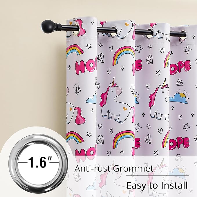 Unicorn Blackout Curtains for Girls' Bedroom - 2 Panels, Each W52×L84, 100% Blackout, Energy Efficient, Thermal Insulated, Noise Reducing, Pink Girls Curtains