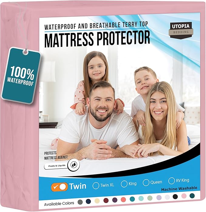 Utopia Bedding Waterproof Mattress Protector Twin Size, Premium Terry Mattress Cover 200 GSM, Breathable, Fitted Style with Stretchable Pockets (Pink)