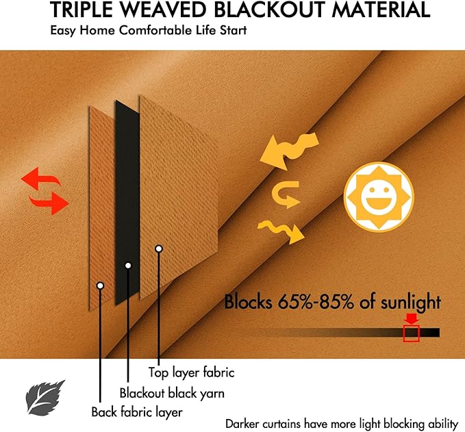 ANRODUO Back Tab Blackout Curtains for Bedroom Living Room, Rod Pocket Pinch Pleated Thermal Insulated Room Darkening Curtains 90 Inches Long 2 Panels, Mustard Yellow, 42 x 90 Inch