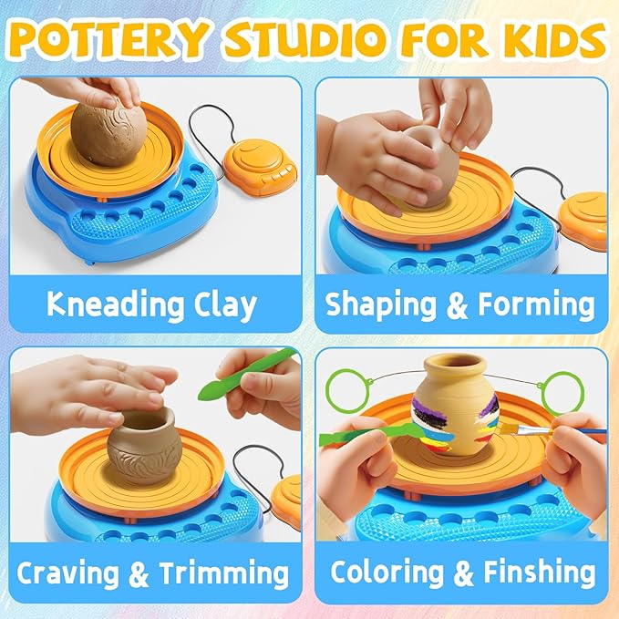 Vinkp Pottery Wheel for Kids - Complete Pottery Painting Kit Arts and Crafts for Kids Ages 8-12 with Air Clay Art Supplies for Girls Boys Toys Birthday Christmas Gifts for 6 7 8 9 10 11 12 - Blue