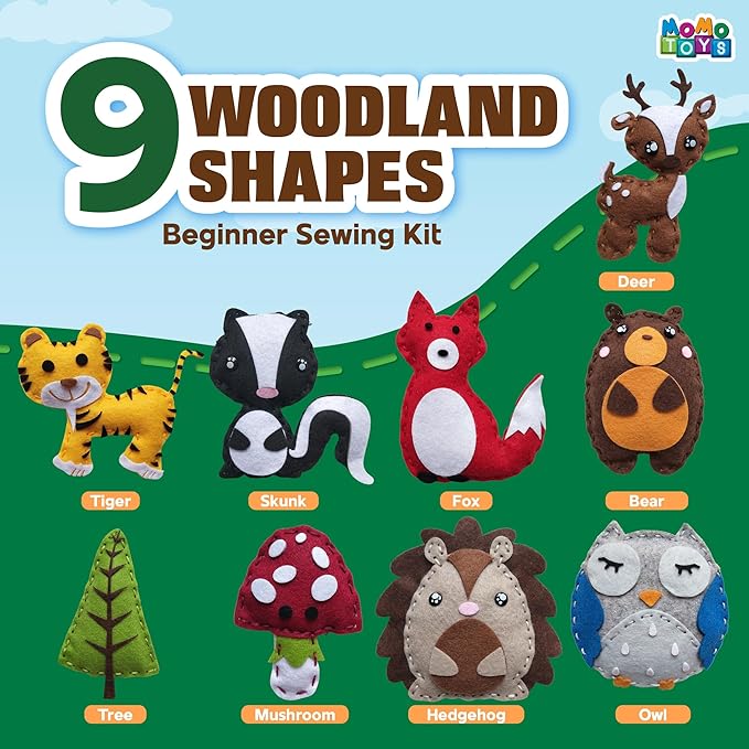 MOMOTOYS Woodland Animals Beginner Sewing Kit for Kids Ages 7+ – Includes 9 Kids Sewing Projects w/Tools & Art Supplies – DIY Felt Crafts for Girls & Boys – Craft Gift for 8, 9, 10, 11, 12 Year Old