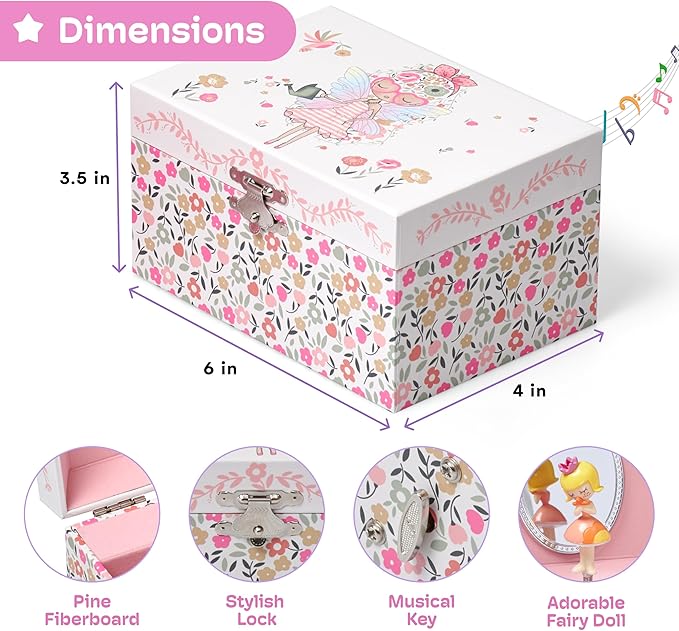Jewelkeeper Girls Musical Jewelry Box - Durable Pine Fiberboard with Pink Lining - Kids Jewelry Box - The Beautiful Dreamer Tune - Gifts for Girls - Fairy Jewellery Box - 6x4x3.5in