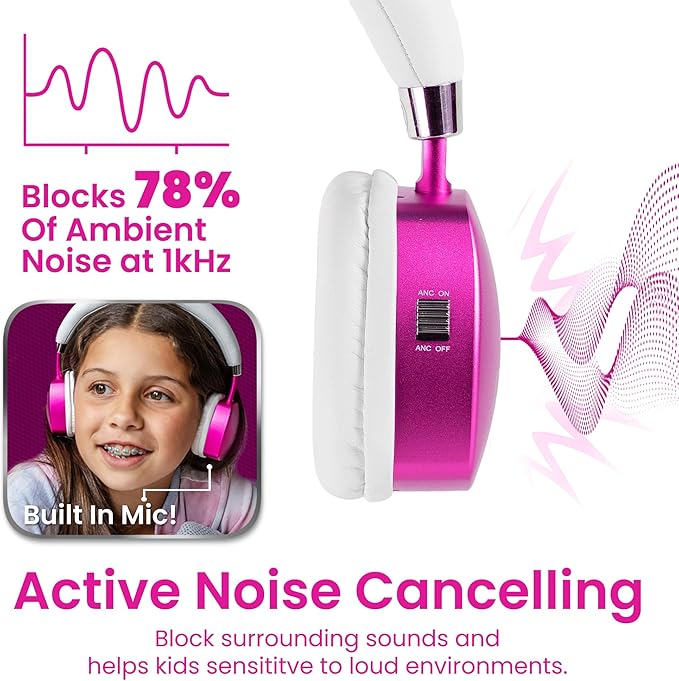 Puro Sound Labs PuroQuiet Plus Noise Cancelling Headphones for Kids, Bluetooth Kids On Ear Headphones with Mic, Lightweight On-Ear Design, Studio-Grade Sound (Pink)