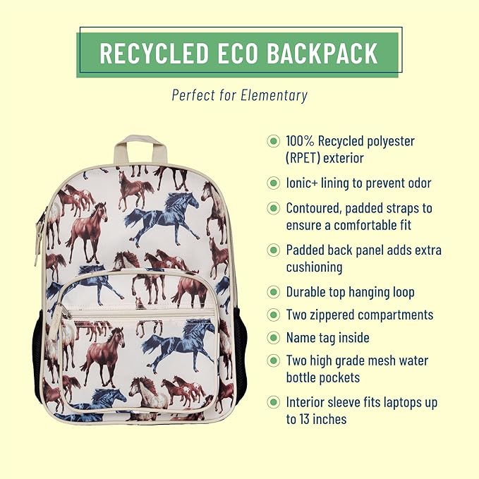 Wildkin ECO rPET Kids Backpack – Recycled, Padded, Adjustable for School & Travel – Horse Dreams