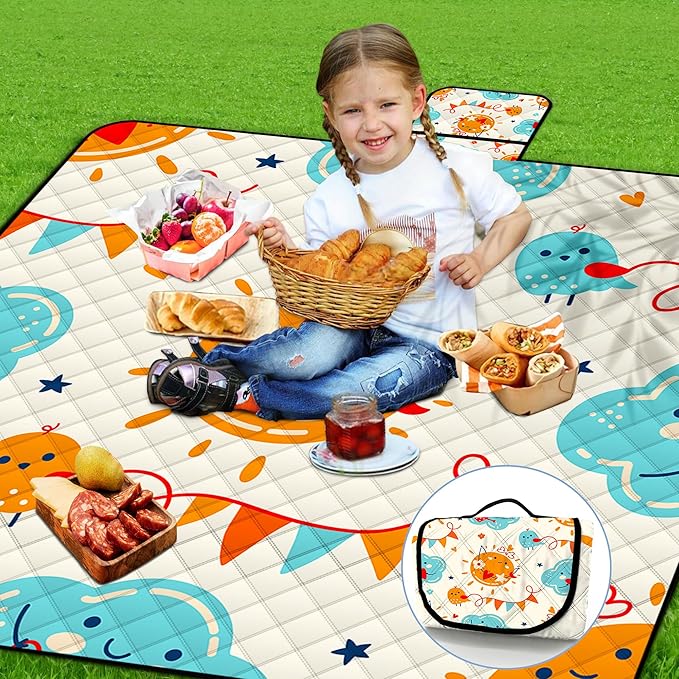 Poedist Extra Large Picnic Blanket Waterproof,80"x 80"Foldable Machine Washable Beach Blanket,Outdoor Blanket for 6-8 Adults,Suitable for Indoor Crawling,Park Beach,Camping,Hiking,Family Travel(Sun)