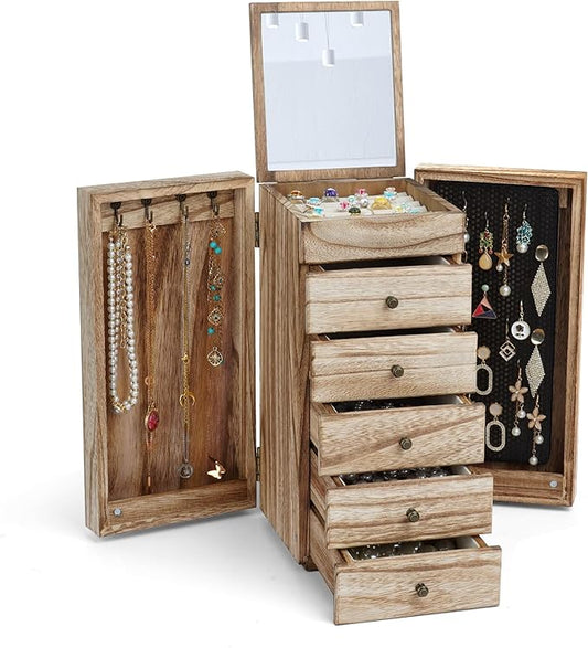 Meangood Jewelry Box Wood for Women, 6-Layer Large Organizer Box with Mirror & 5 Drawers for Rings, Earrings, Necklaces, Vintage Style, Carbonized Black