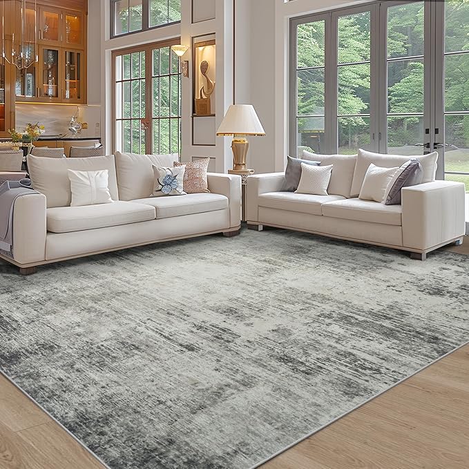 Area Rug 9x12 Washable Rugs: Abstract Large Living Room Rugs with Non-Slip Backing, Stain Resistant Indoor Floor Carpet for Bedroom Dining Room Table Nursery Hallway Home Office-Black/Gray