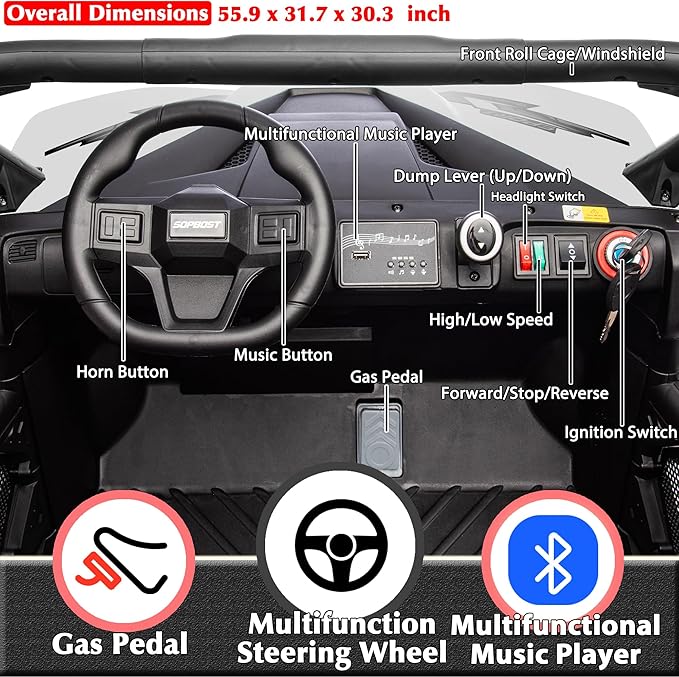 sopbost 24V 10Ah 2 Seater Ride On Car with Remote Control Battery Powered Ride On Toy Electric Kids UTV with Large Dump Bed, 4x75W Motors, White & Black