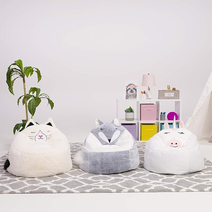 Posh Creations Cute Soft and Comfy Bean Bag Chair for Kids, Large, Animal - Silver Fox