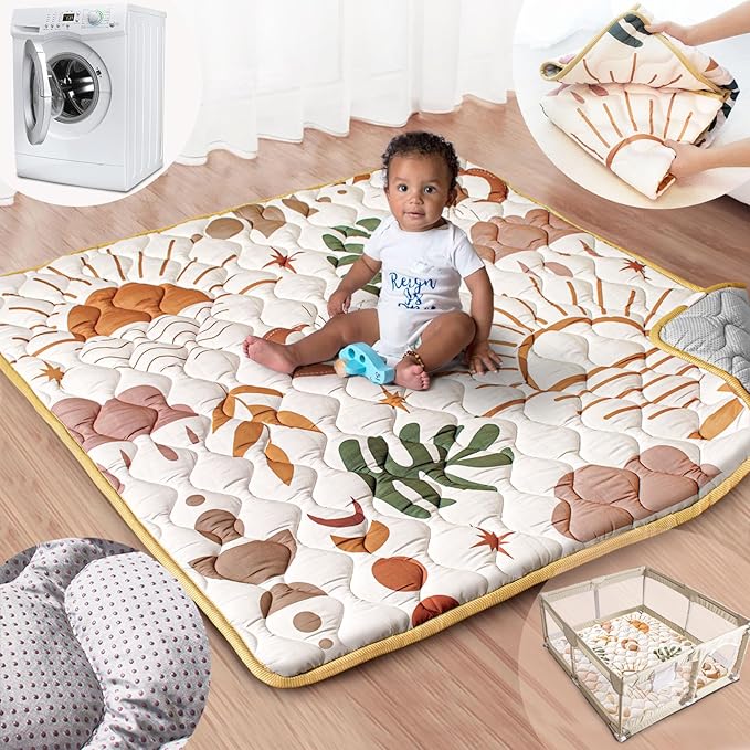 Baby Play Mat, 50x50 Playpen Mat with Super Soft Touch, Activity Mat with Upgraded Anti-Slip Bottom, Machine Washable Crawling Mat for Floor & Picnic(Boho Nature)