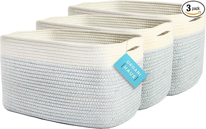 OrganiHaus Set of 3 Blue Woven Baskets for Storage, Cotton Rope Basket for Decor, Shoe Basket Organizers & Storage, Decorative Storage Baskets & Bins, Cute Storage Basket for Toys & Cloths