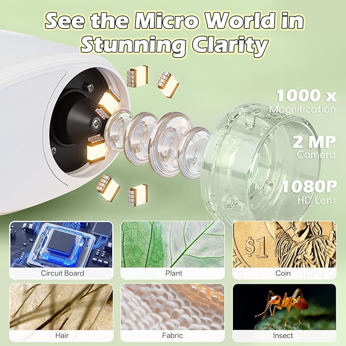 Kids Microscope Handheld - Digital 1000X Zoom Mini Pocket Microscope, HD Photo & Video Recording with 8GB TF Card, Educational Toys for Boys Girls 3 4 5 6 7 8+ Years, STEM Birthday Gifts