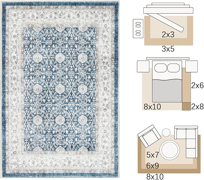 jinchan Floral 8x10 Area Rugs for Living Room Machine Washable Vintage Distressed Boho Design Throw Rug Stain Resistant Carpet Low-Pile Thin Non-Slip for Bedroom Dining Room Nursery (8‘x10',Dark Blue)