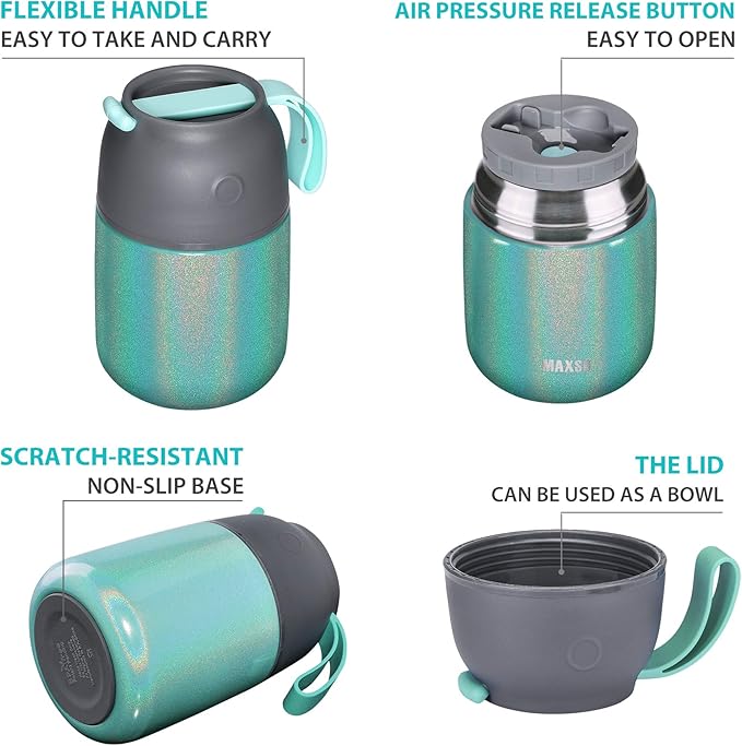 Insulated Food Jar for Hot & Cold Food for Kids Adult,17 oz Soup Thermo Hot Food Containers for Lunch, Triple Layer Insulation Stainless Steel Food Jar with Spoon (GPeacock)