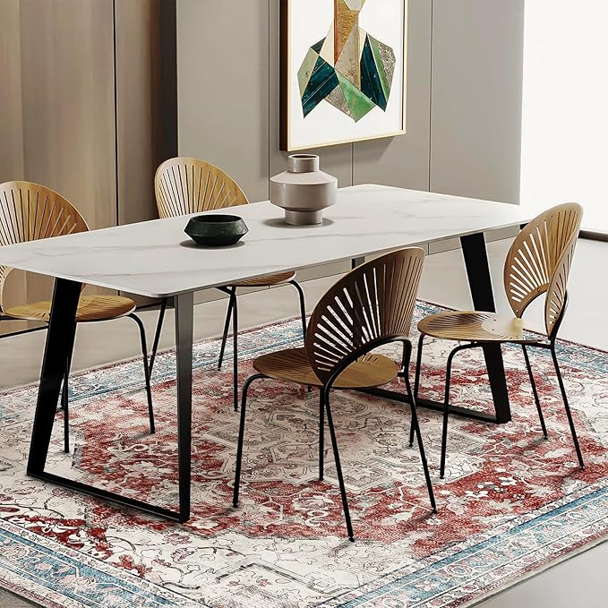 Washable Area Rug 8'x10' Red Blue Retro Boho Design Non-Shedding Non-Slip Easy Care Ideal for High Traffic Areas in Living Room Bedroom Office Coffee Table Kitchen Large Carpet