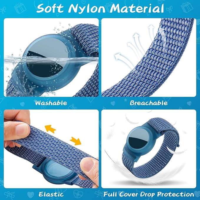 Waterproof Air Tag Bracelet for Kids (2 Pack), Soft Nylon Hidden Air Tag Wristband Full Cover Lightweight GPS Tracker Holder Compatible with Apple AirTag Band for Toddler Child (Black & Blue)