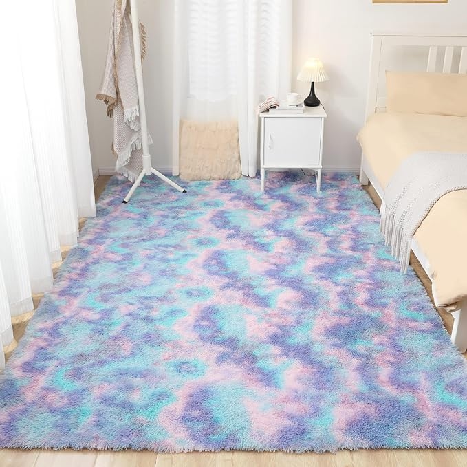 Rainbow Rug for Girls Room, 5x7 Fluffy Area Rugs for Bedroom, Colorful Kids Rug Cute Anti-Skid Indoor Carpet for Nursery, Living Room, Playroom, Home Decor