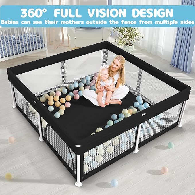 TOREVSIOR Foldable Baby Playpen with Mat, 50"×50" Collapsible Play Pen for Babies and Toddlers, Indoor & Outdoor Kids Safety Play Pen, Portable Play Yard, Foldable Baby Playpen with 50 Ocean Balls