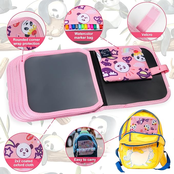 Erasable Book Doodle Set for Kids,Reusable Magic Drawing Book for Kids with 12 Watercolor Pens 14 Page Drawing,Road Trip Car Game Writing Painting Set for Boys and Girls (Panda)