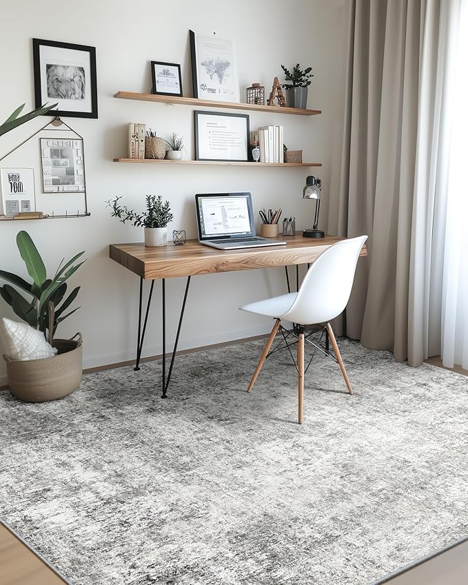 Washable Area Rugs 8'x10' Non-Slip Modern Abstract Soft for Living Room Entryway Bedroom Nursery, Print Pattern, Gray White Grey