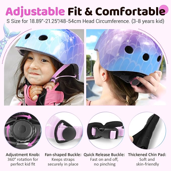 Vvinca Kids Toddlers Bike Helmet Adjustable for Ages 3-5-8 Years, Knee Pads and Elbow Pads Set Wrist Guard Sports Protective Gear Set for Roller Skate Bicycle Skateboard Scooter Girl Boy Birthday Gift