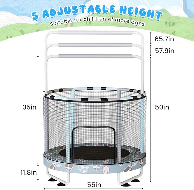 LAMERGE 55" 7-in-1 Round Trampoline for Kids Boys & Girls Ages 1-8, Indoor & Outdoor Trampoline for Fun, Adjustable Height Handrail ＆ Enclosed Safety Net ＆ Durable Designs for Toddlers Children