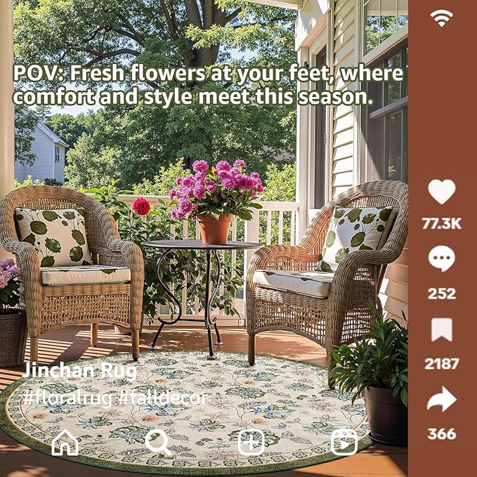 jinchan 5ft Floral Round Rug for Entryway Washable Kitchen Rug Vintage Romance Design Non Slip Indoor Doormat Lightweight Low-Profile Throw Carpet for Living Room Dining Room Bedroom, Green/Beige