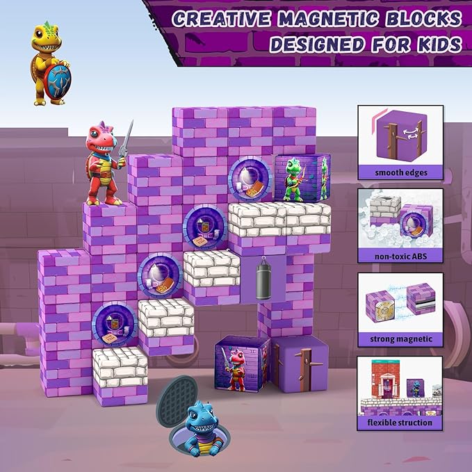 Magnetic Blocks,Building Toys for Kids, Dinosaur Adventure Magnet Building Cubes, Sensory Montessori Toys for 3+ Year Old Boys & Girls, Ideal Gifts for Ages 5-7 8-13, with ASMR Sounds and Clicking