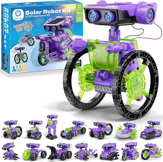 Sillbird Solar Building Robot Kit STEM Gift for Boys Aged 8-12, DIY 15-in-1 Science Educational Toys for Kids Birthday, Solar or Battery Powered Robotic Set with 212 Pieces